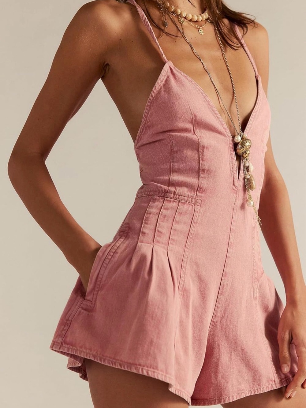 Pink Denim V-Neck Romper - Picture 2 of 5